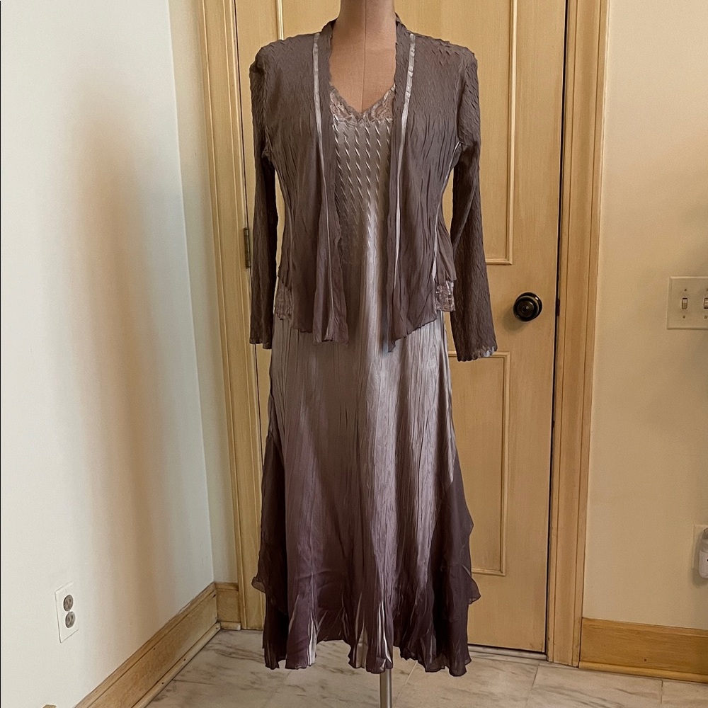 KOMAROV MOB/Party Oyster Smoke Ombre 2-Piece Ruffle Hem Jacket Midi Dress SZ MP